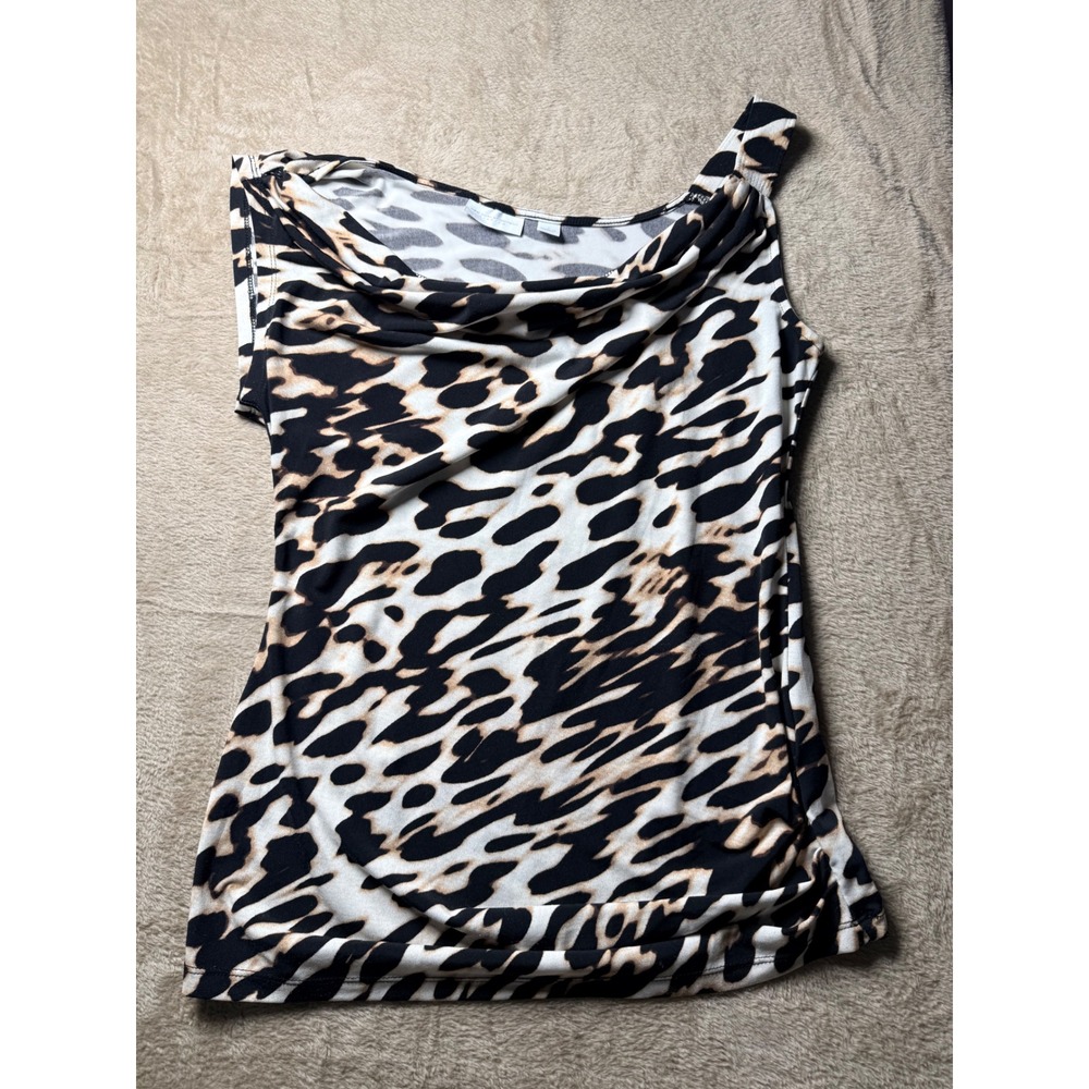 New York & Company Animal Print‎ Cowl  Ruched Asymmetrical Top Small Mobwife